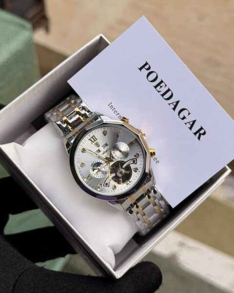 Poedagar automatic chain watch featuring stainless steel case, sapphire glass, water‑resistant design, and chain bracelet.