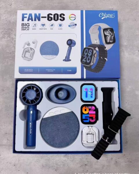 Blue Smartwatch Fan-60s featuring dual watch faces, built-in earphone, speaker, and cooling fan