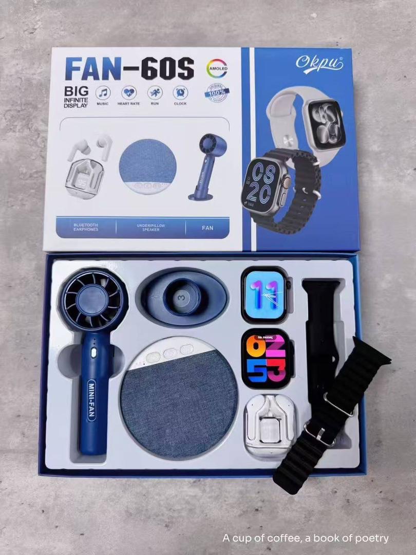 Blue Smartwatch Fan-60s featuring dual watch faces, built-in earphone, speaker, and cooling fan