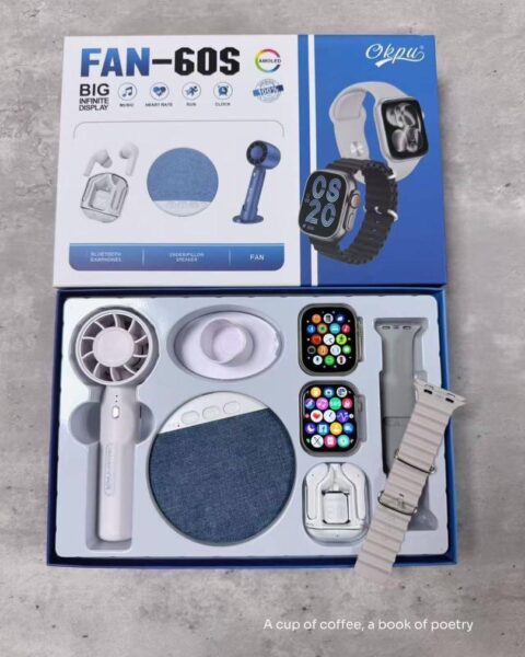 Grey Smartwatch Fan-60s combining dual watch faces, built‑in earphone, speaker and portable fan.