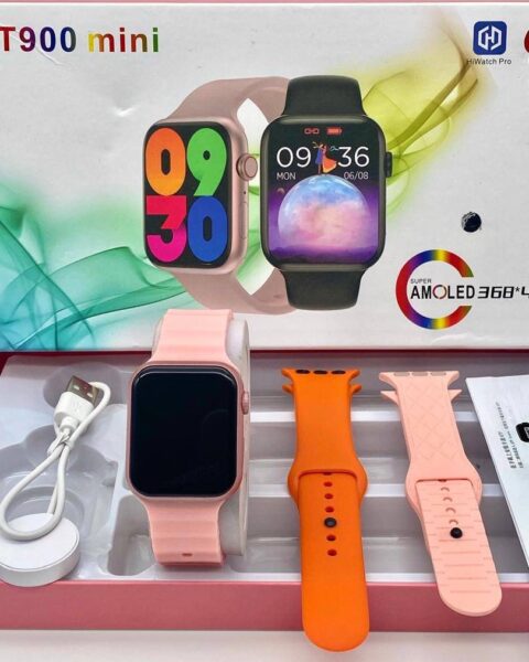 Peach-colored Smart Series 12 smartwatch displaying split-screen interface with health metrics