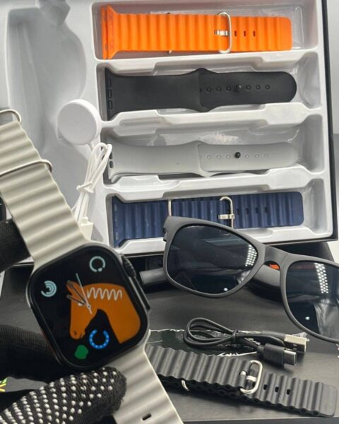 Smartwatch with smart sunglasses, interchangeable straps, USB‑C charging, built‑in speakers, and health‑tracking display.